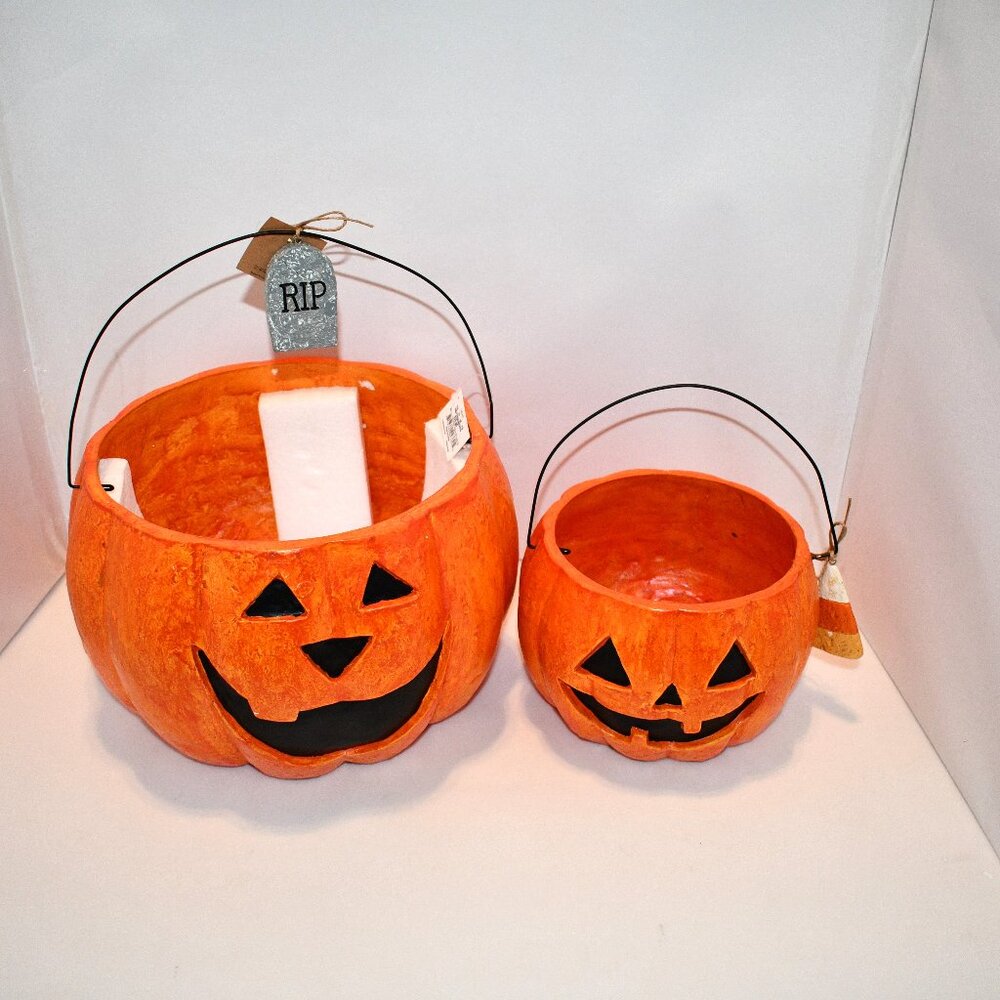 Mud Pie Halloween Collection Paper-Mache Jack-O-Landen Treat Buckets 2-Piece Set